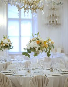 High wedding centerpiece, Festetics Palota Budapest (gladiolus, lily, wild flowrers, peach, white)