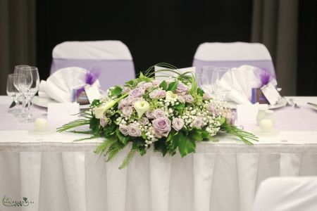 Main table centerpiece, Hilton Budapest (spray rose, cala, babybreath, white, light purple)