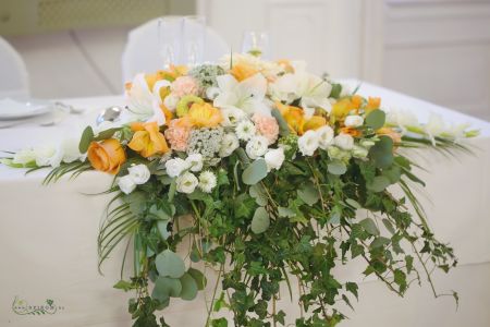 Main table centerpiece  Festetics palota (lily, gladiolus, lisianthus, wild flower, ivy, peach, white)