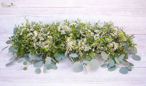 Main table centerpiece (wax flower, pistachio, eucalyptus)