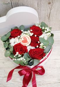 Heart box with red rose and cotton flower