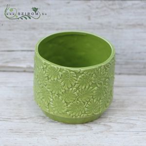 Ceramic pot leaf pattern green 14cm