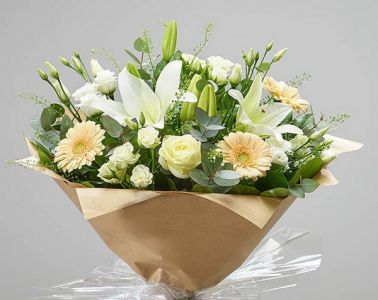 Big round bouquet of white and peach flowers (16 stems)