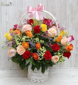 50 colorful roses with 25 limoniums in flowerbasket 