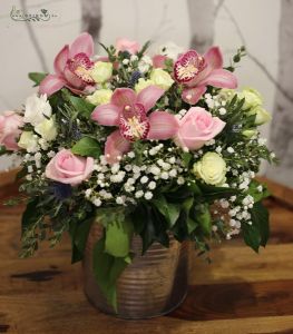 Flower arrangement in tin pot with pink orchids (22 stems)