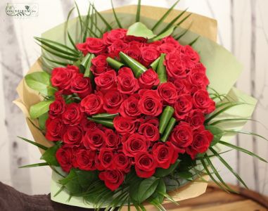45 red roses with greenery