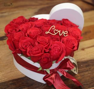 20 red roses in Heart shaped box with love sign