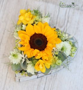 Small wooden heart with sunflower, spray roses, freesias