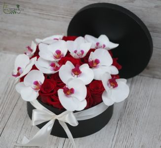 25 vörös rózsa 12 phalaenopsis orchideával dobozban