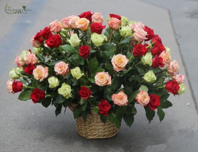 Óriás rózsakosár 70 meleg színű rózsával