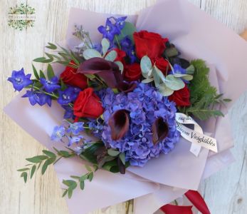 red - blue - black bouquet with callas, roses, hydrangease, delphiniums (16 stems)