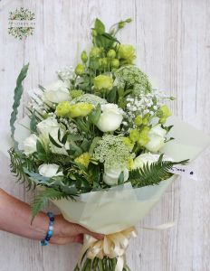 Tall bouquet with white roses, green lisianthus, small flowers (20 stems)