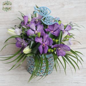 Deep sea flower bowl with vanda orchids (16 stems)