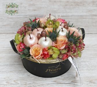 Flowerbowl with apples, orchids, roses, hydrangeas (13 stems)