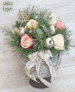 Winter flower sphere with silver apples and roses