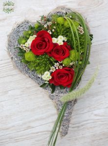 Heart shape with red roses and green flowers (9 stems)