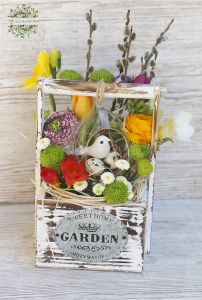 Spring wooden crate with glass egg and bird nest