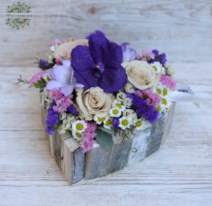 Wooden heart with roses, orchid, small flowers (12 stems)