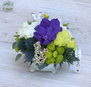 Pearly color ceramic bowl with purple-green flowers (11 stems)