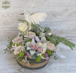 Flower bowl with bird, roses, orchids, small flowers (17 stems)