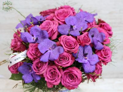 Bouquet with blueberry roses, vanda orchids (35 stems)