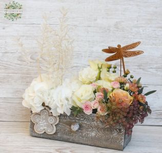 Wooden drawer with dragonfly, flowers