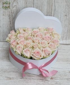 27 light pink roses in heart box