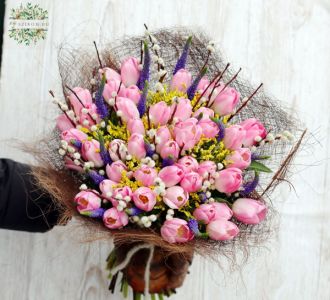 Big tulip and veronica bouquet with catkin (67 stems)