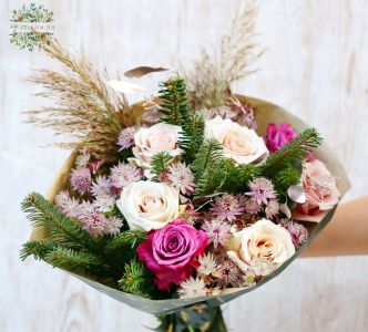 Winter bouquet with purple and cream roses, astrantia (12 stems) 