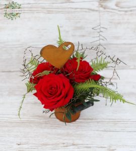 3 red roses in rusty bucket