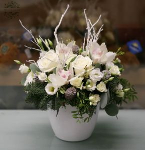 White winter flower bowl with orchid (17 stems)