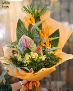 Tropical bouquet with strelizias, anthuriums, eustomas