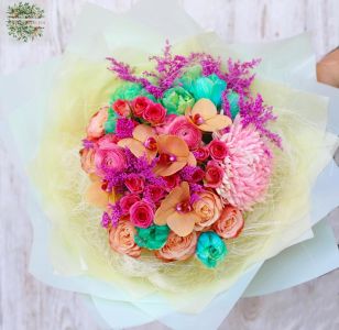 Peach - turquoise - pink bouquet (35 stems)