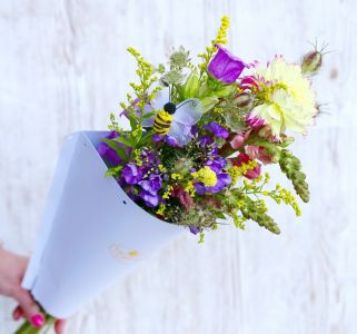 Meadow type flowers in paper cone, with bee (13 stems)