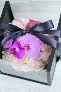 Fluffy flower box with translucent cover, hydrangea, orchid, rose