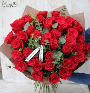 40 red roses with greenery
