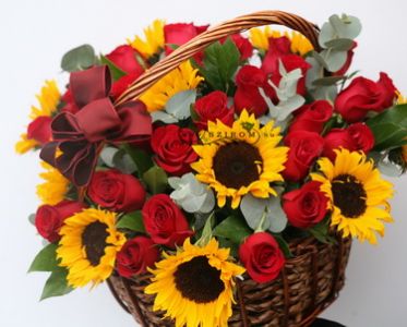 basket of sunflowers and red roses (40 stems)