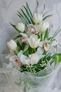 fehér tulipán fehér orchideával (15 szál)