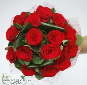 15 red roses with greenery