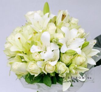 white roses with white  lilies (25 stems)