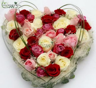 heart with 40 red, pink, white, purple roses