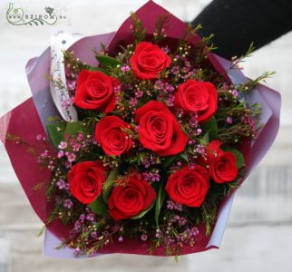 9 red roses with 5 waxflowers