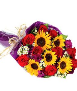 sunflower with red roses and wildflowers (23 stems)