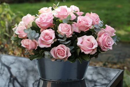 pink roses and eucalyptus arrangement (15 stems)