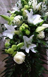 Main table centerpiece (lilies, pompoms, roses, white, green), wedding