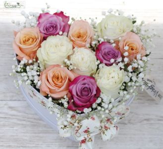 heart box with 11 pastel roses and baby's breath