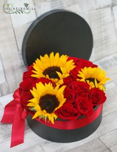 Rose box with 17 red roses 3 sunflowers