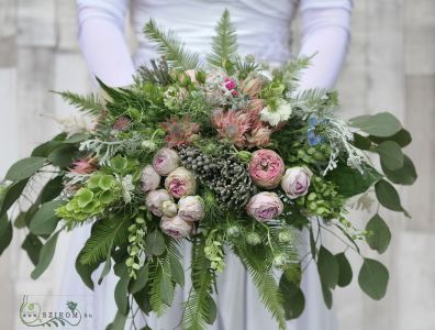 Bridal bouquet rustic garden oval bouquet (English rose, molucella,mini protea, pink)