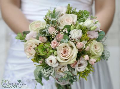 Bridal bouquet rustic sparkle (sempervivum, rose, bush roses, liziantus, wax) pastel pink, cream