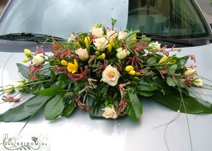 oval car flower arrangement with roses and kangaroo paw (freesia, yellow , peach)